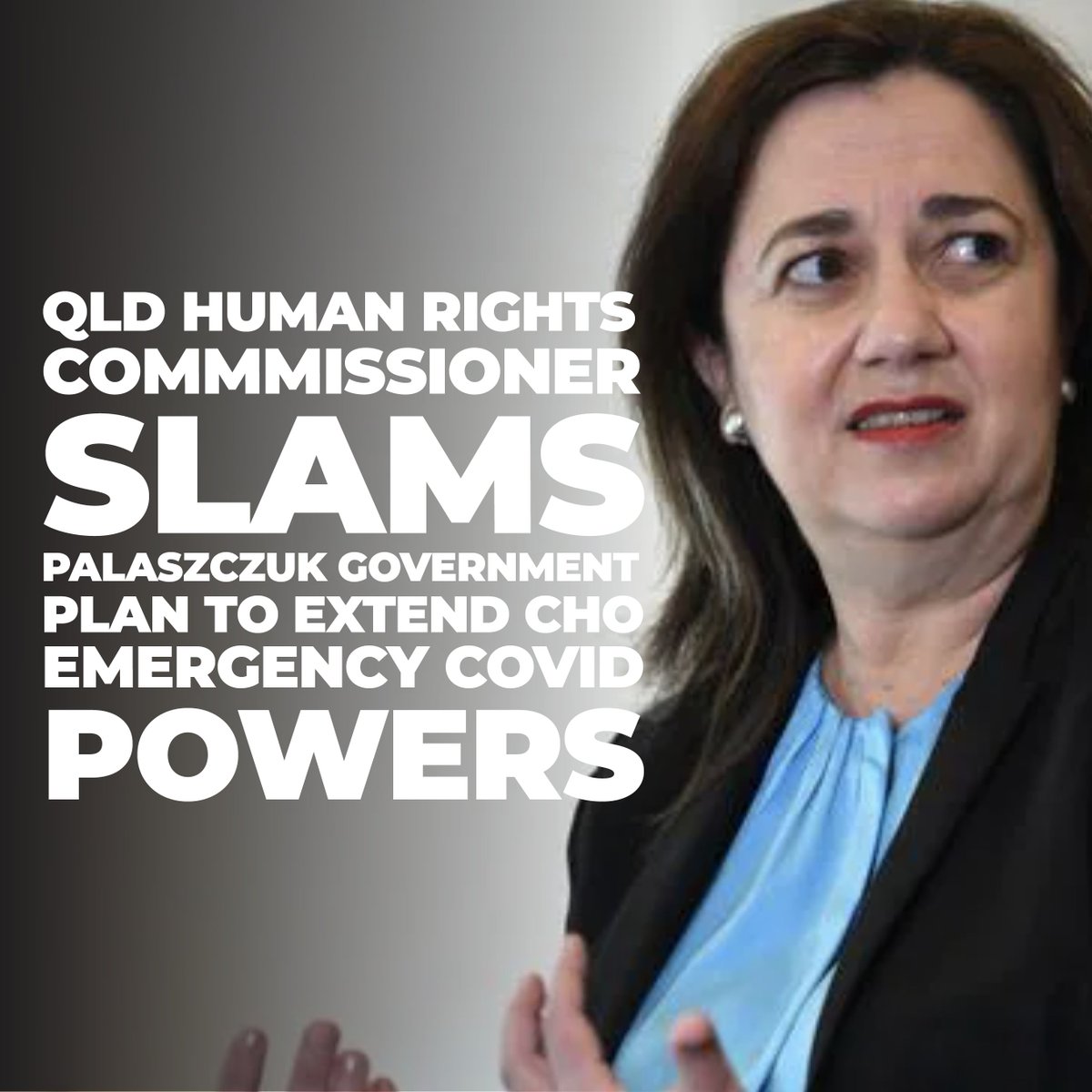 MRobertsQLD's tweet photo. Queensland’s Human Rights Commissioner has blasted the Palaszczuk Government’s move to extend the chief health officer’s unprecedented Covid powers, arguing “such significant human rights limitations” cannot be allowed to continue unchecked.
 
Full story: https://t.co/lQSwfZVgC5 https://t.co/h4ubCUipTB