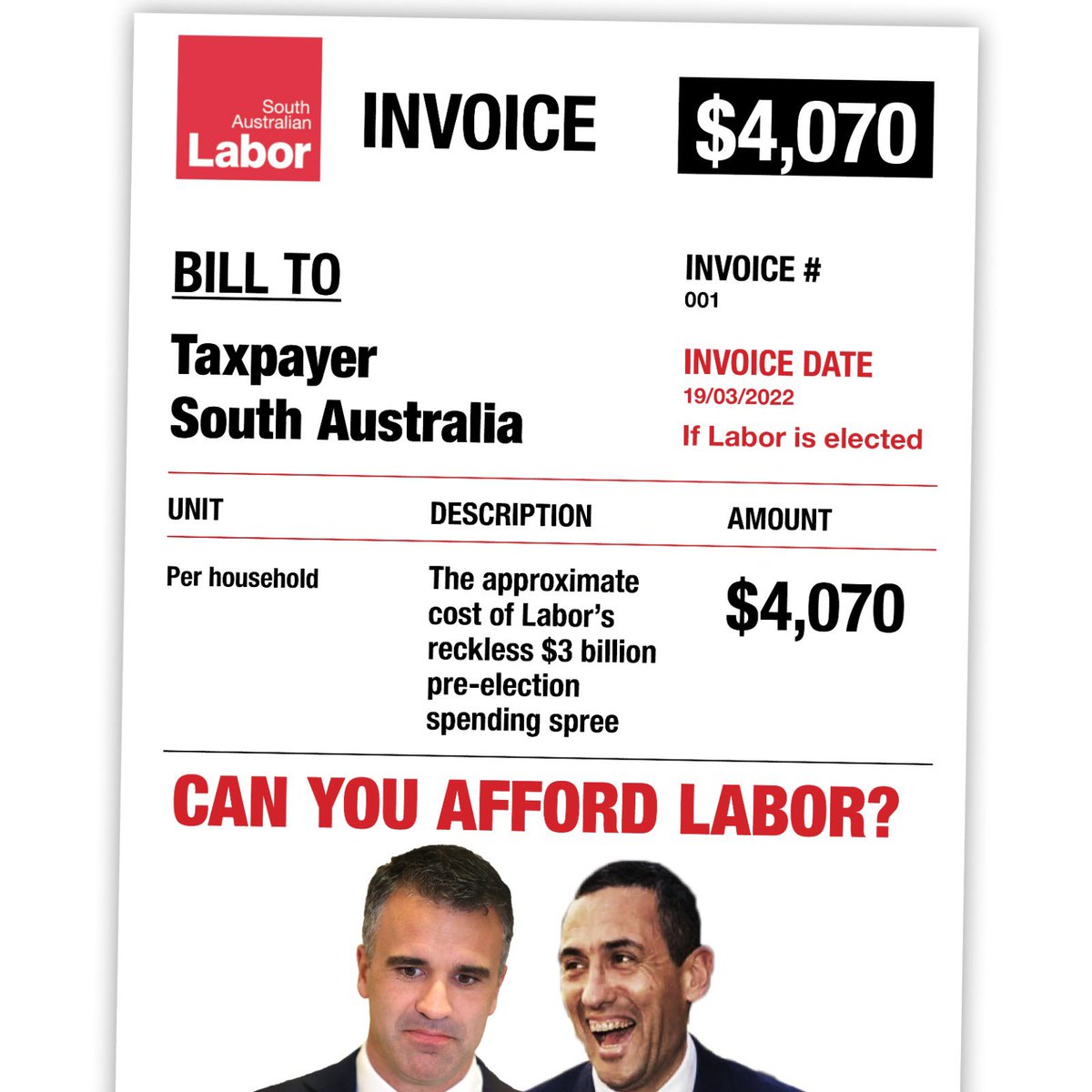 SALibMedia's tweet image. Labor's $3 billion in reckless pre-election spending is the equivalent of $4,070 for every household in SA.

Labor must immediately reveal how much extra families and businesses will have to pay in higher taxes, fees and charges to pay for billions in reckless unfunded promises.