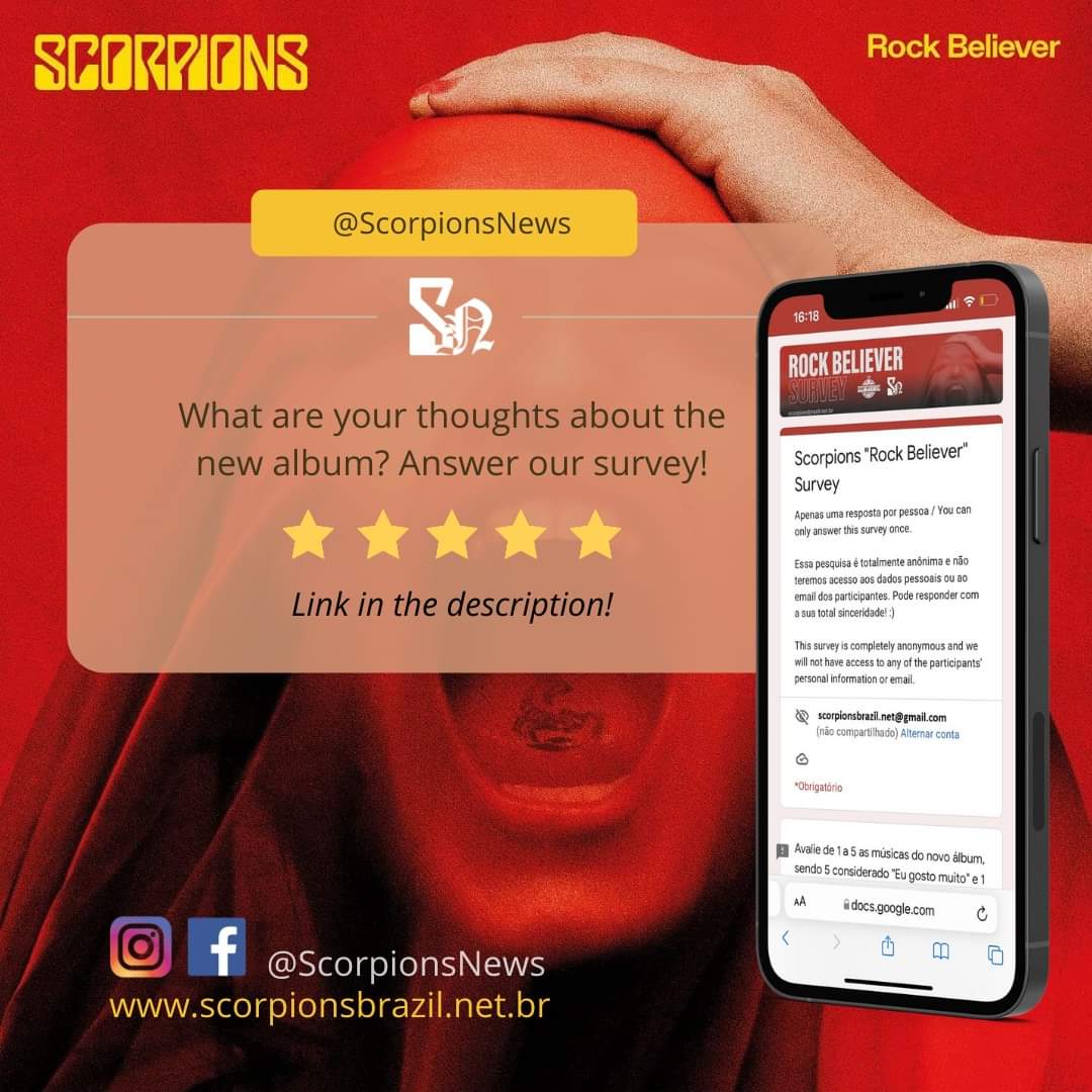 What are your thoughts on the new album? Fill out our survey! forms.gle/uo19EXKJEBbMbx… 
This survey is completely anonymous and we will not have access to any of the participants' personal information.

#ScorpionsNews #ScorpionsBrazil #Scorpions #RockBeliever <a href="/scorpions/">Scorpions</a>
