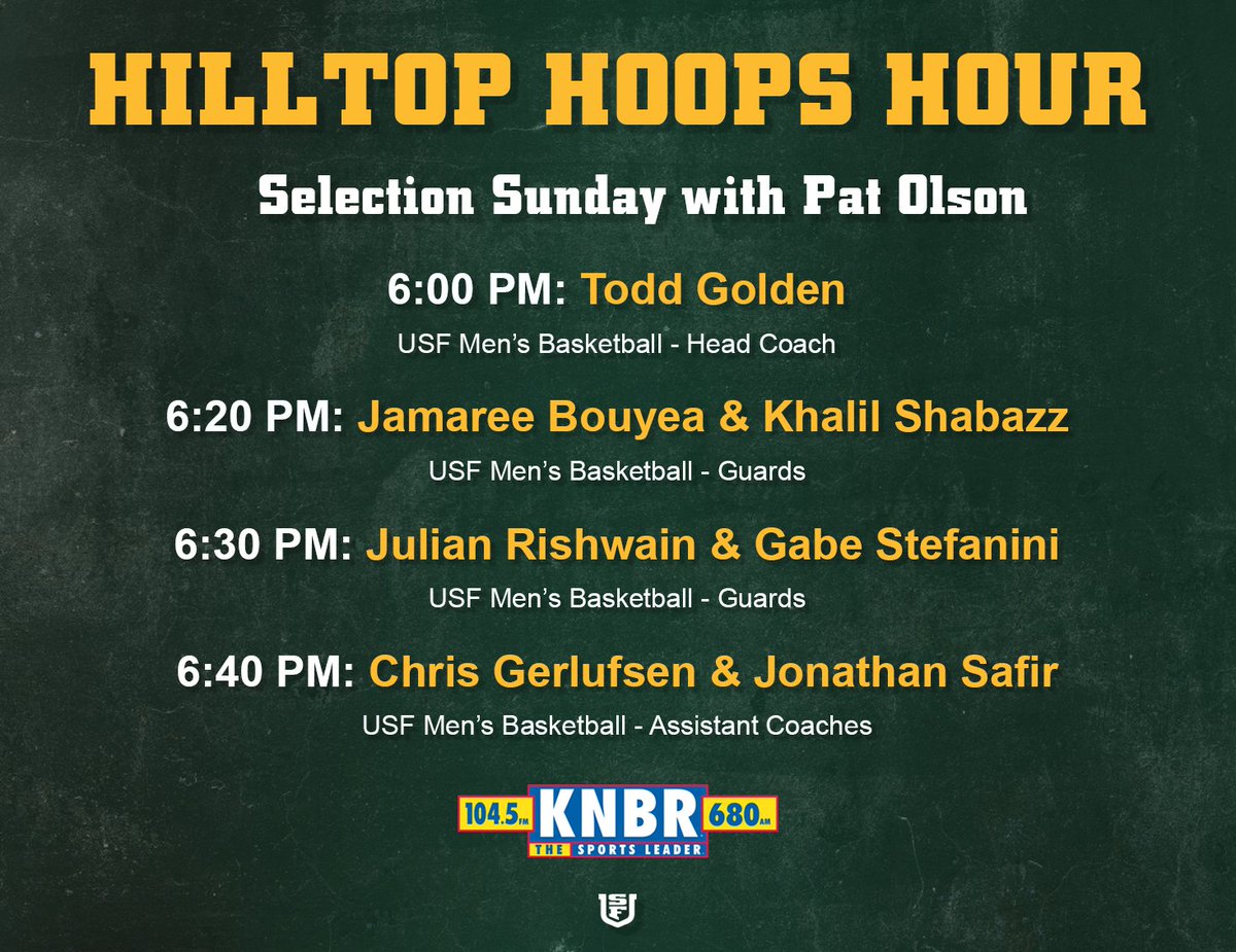 PatOlsonUSFDons's tweet photo. Join us today at 6:00 on @KNBR 680 for a special edition of the Hilltops Hoops Hour as we talk @USFDonsMBB and @MarchMadnessMBB. Guests include - @CoachToddGolden, @CoachCeeGee, @JonathanSafir, @bouyea_ycl, @gabe_stefanini and @Khalilshabazz0.
#GoDons
#DonsHoops
#MarchMadness https://t.co/sHXoxVpiF3