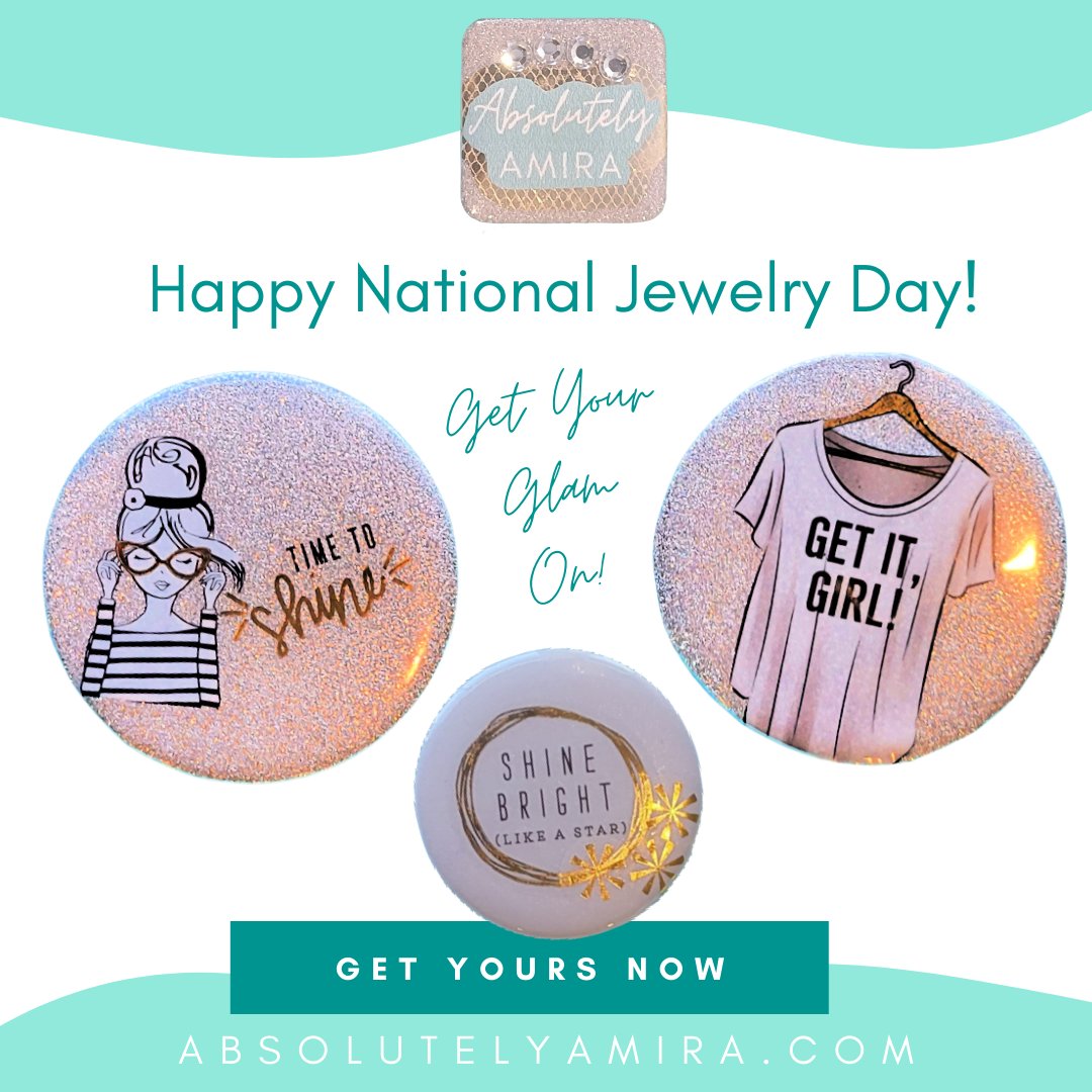 AbsolutelyAmira's tweet photo. Happy National Jewelry Day! Absolutely Amira Buttons are perfect accessories! Add a little glitter and glam to everyday outfits. Get yours now at https://t.co/Gl6ufIUvTv #JewelryDay #GlamGirl #ShineOn #sundayvibes https://t.co/bm9BnlRlmT