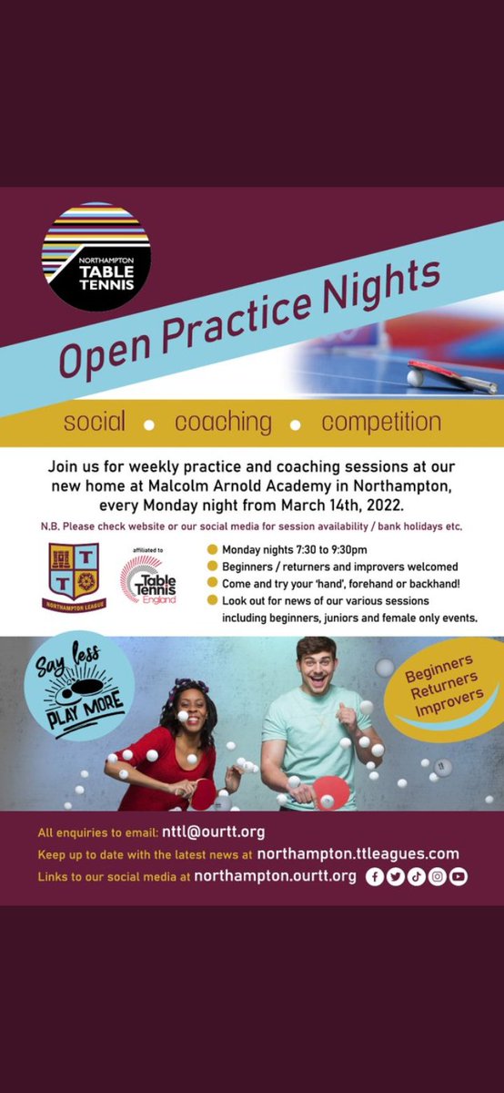 Please pass around, rt and get involved. Start playing table tennis. Adults and kids welcome! <a href="/MAANorthants/">MalcolmArnoldAcademy</a> #tabletennis #thingstodo #pingpong <a href="/KingsleyPriSch/">KPS</a> <a href="/kgpssport/">Kingsthorpe Grove Pr</a> <a href="/chronsport/">Northampton Sport</a> <a href="/Nsport/">Northamptonshire Sport</a> <a href="/NHS_Sport/">NorthamptonHighSport</a>