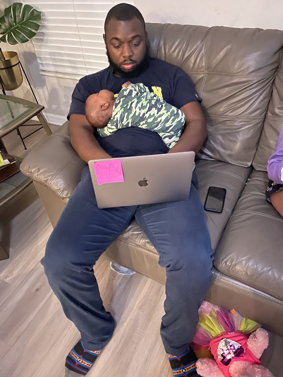 Cvancetech's tweet photo. I believe that this will be me working from home before this year is over #100Devs I know that’s bad posture but I want him to stay asleep. https://t.co/cUcaSlwPgq