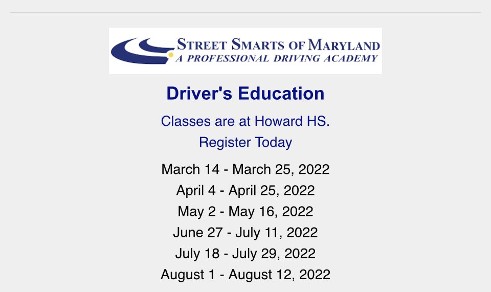 Driver’s Education: 🚘
Help support Lions’ Pride by taking driver’s ed through Street Smarts of Maryland using our link below!  Register today! ⬇️

tds.ms/OE/Customer/st…,
<a href="/sportsHoHS/">Howard HS Athletics</a>  <a href="/HoHSstudents/">HoHS Student Section</a>