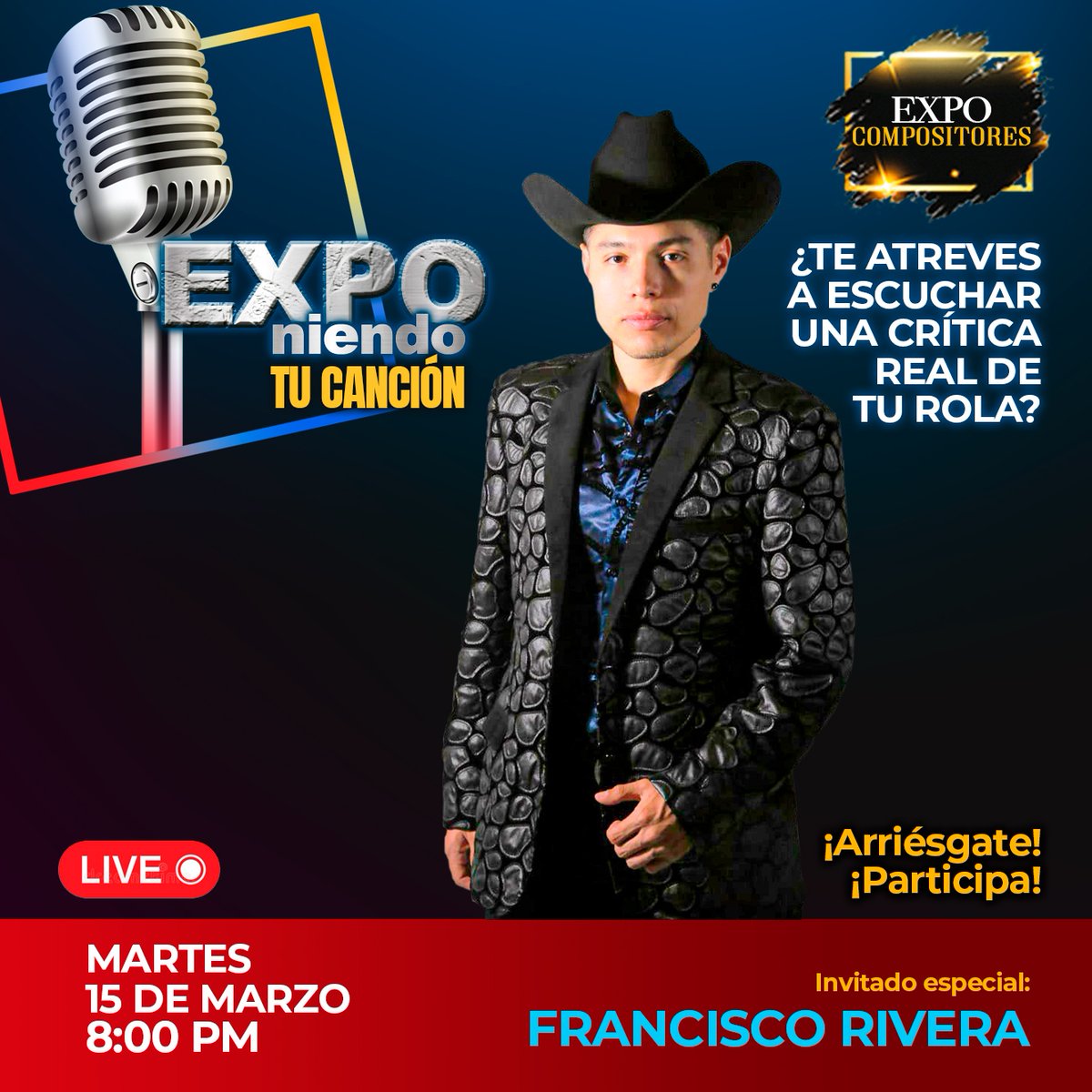 expocompositor's tweet photo. Un Joven super talentoso nos acompañará este martes en Expo-Niendo tu canción.

Francisco Rivera será nuestro invitado de lujo este 15  de Marzo a partir de las 8:00 pm 

No te pierdas nuestra transmisión en vivo a traves de nuestras redes sociales. https://t.co/abITWvQF4t