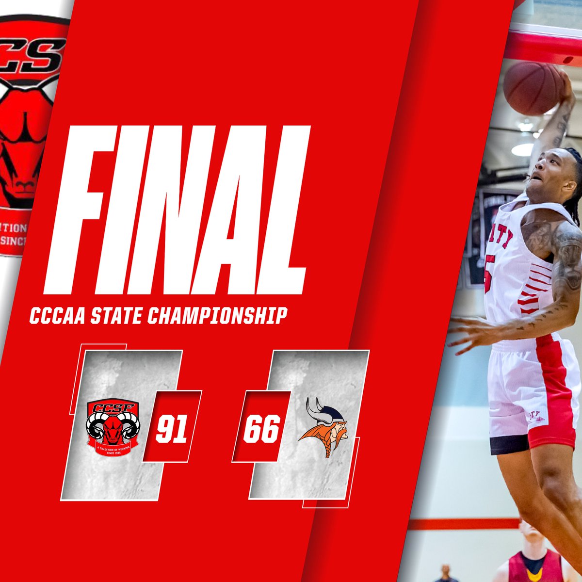City College of San Francisco (@officialccsf) on Twitter photo Sunday breaking news...
Your @SFCityBasketbal is the 2022 @CCCAASports State Champions🏆!!!  Congratulations team and Coach Labaugh on a 32-1 season! The Ram's only loss during the regular season was against West Valley who they beat today.
#ccsf #statechampions #gorams Sunday breaking news...
Your @SFCityBasketbal is the 2022 @CCCAASports State Champions🏆!!!  Congratulations team and Coach Labaugh on a 32-1 season! The Ram's only loss during the regular season was against West Valley who they beat today.
#ccsf #statechampions #gorams