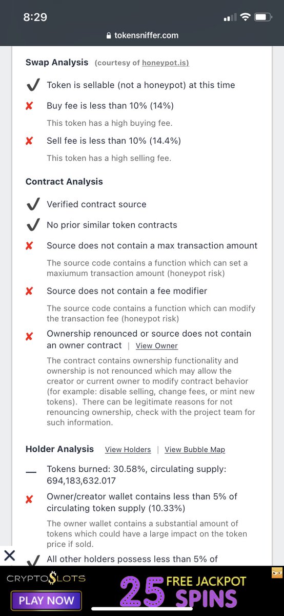 CryptoSoldier86's tweet image. If you guys took 1 min and used @Token_Sniffer to find how well a contract is for a coin.. you won’t get rugged . $virtue just rugged people after getting tweeted by some big accounts !! Obviously those accounts got paid … they don’t care about followers.