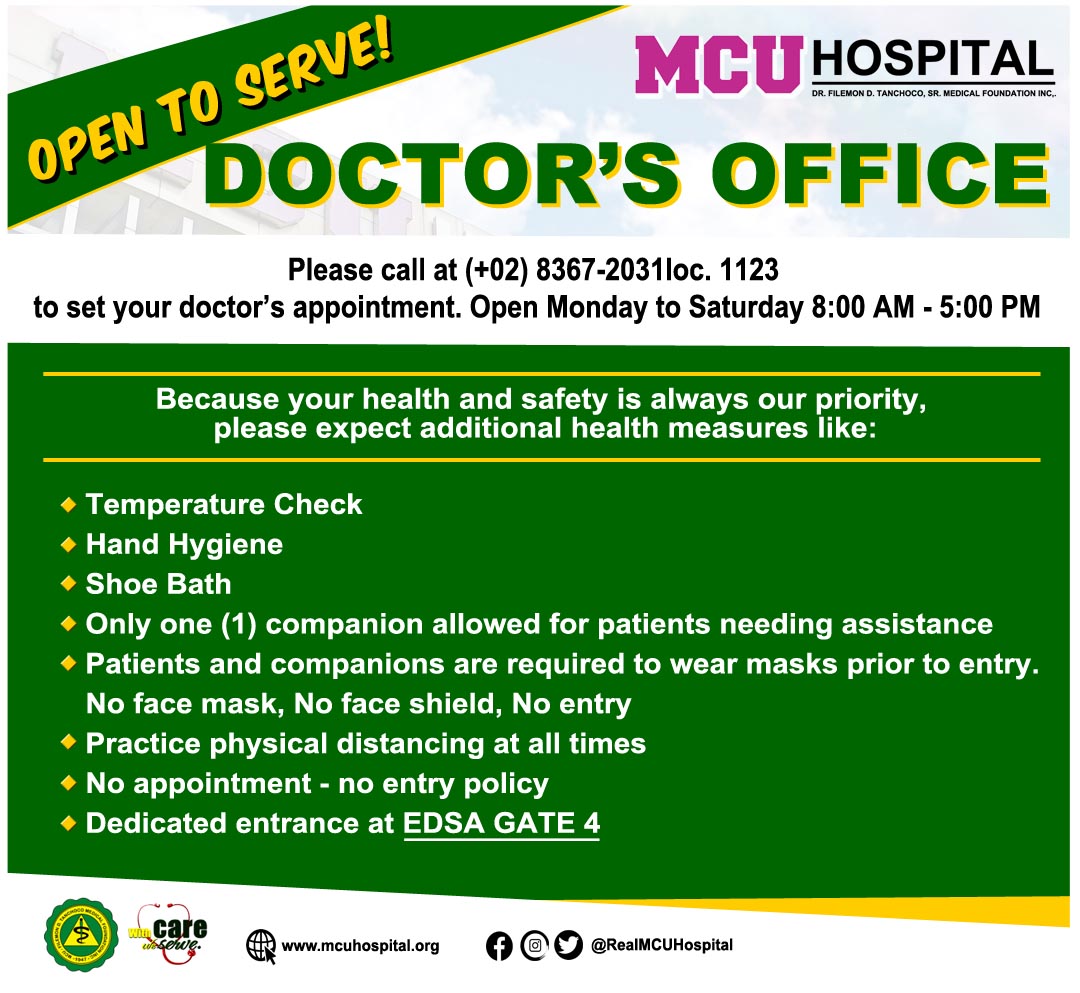 RealMCUHospital's tweet photo. MCU Hospital DOCTOR'S OFFICES
Monday to Saturday 8:00 AM to 5:00 PM
☎️ Trunkline: 8367-20-31 local 1123

#MCUHospital #MCUFDTMFHospital #MCUFDTMF #WithCareWeServe #CaloocanHospital #HospitalInCaloocan #PrivateHospitalInCaloocan #CaloocanPrivateHospital #TraumaHospitalInCaloocan https://t.co/vCl25gVA8E