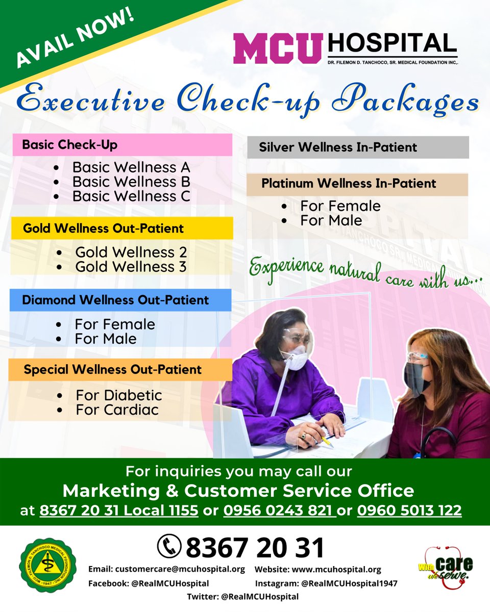 RealMCUHospital's tweet photo. Self-confidence is greatly boosted by health confidence.

MCU Hospital now offers an array of Executive Check Up Packages, which includes important diagnostic procedures for detecting most common health problems and diseases among Filipinos at an early stage. https://t.co/VNoKcn6nhW