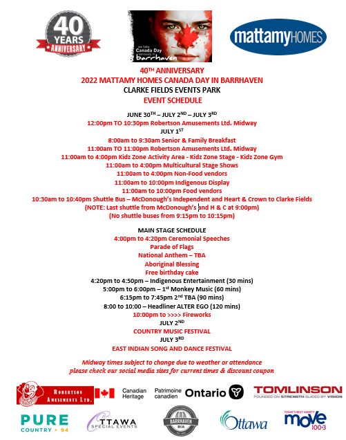 cnddaybarrhaven's tweet photo. Lots going on with the planning for this years 40th Anniversary of Mattamy Homes Canada Day in Barrhaven.  Here is a look at the schedule as it now stands https://t.co/0eVU2GmHfr