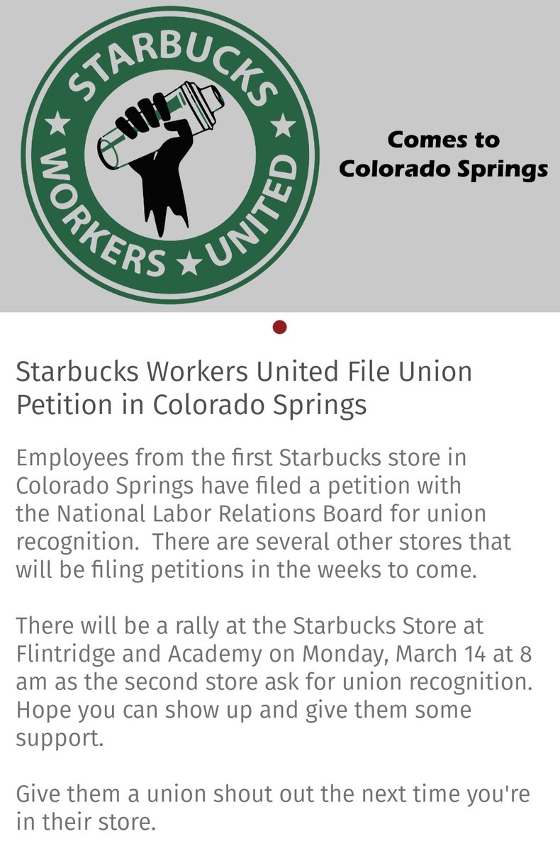 WSUPCOSprings's tweet photo. Monday, March 14th at 8 am at Flintridge and Academy stand with #Starbucks workers as they seek union recognition! #Solidarity https://t.co/WEmSTaxhpw