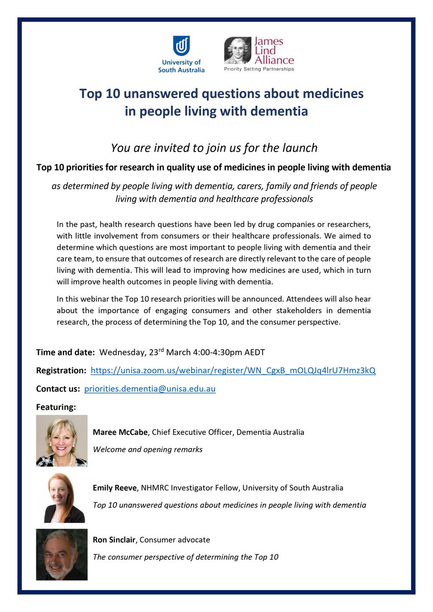 Emily Reeve (@reeve_research) on Twitter photo Join us for the launch of:
Top 10 unanswered quality use of medicine research questions for people living with dementia
Featuring Maree McCabe <a href="/DementiaAus/">Dementia Australia</a>, Dr Emily Reeve <a href="/Reeve_Research/">Emily Reeve</a> and Ron Sinclair, Consumer Advocate
Wednesday 23 March 2022, 4-4.30pm AEDT Join us for the launch of:
Top 10 unanswered quality use of medicine research questions for people living with dementia
Featuring Maree McCabe <a href="/DementiaAus/">Dementia Australia</a>, Dr Emily Reeve <a href="/Reeve_Research/">Emily Reeve</a> and Ron Sinclair, Consumer Advocate
Wednesday 23 March 2022, 4-4.30pm AEDT