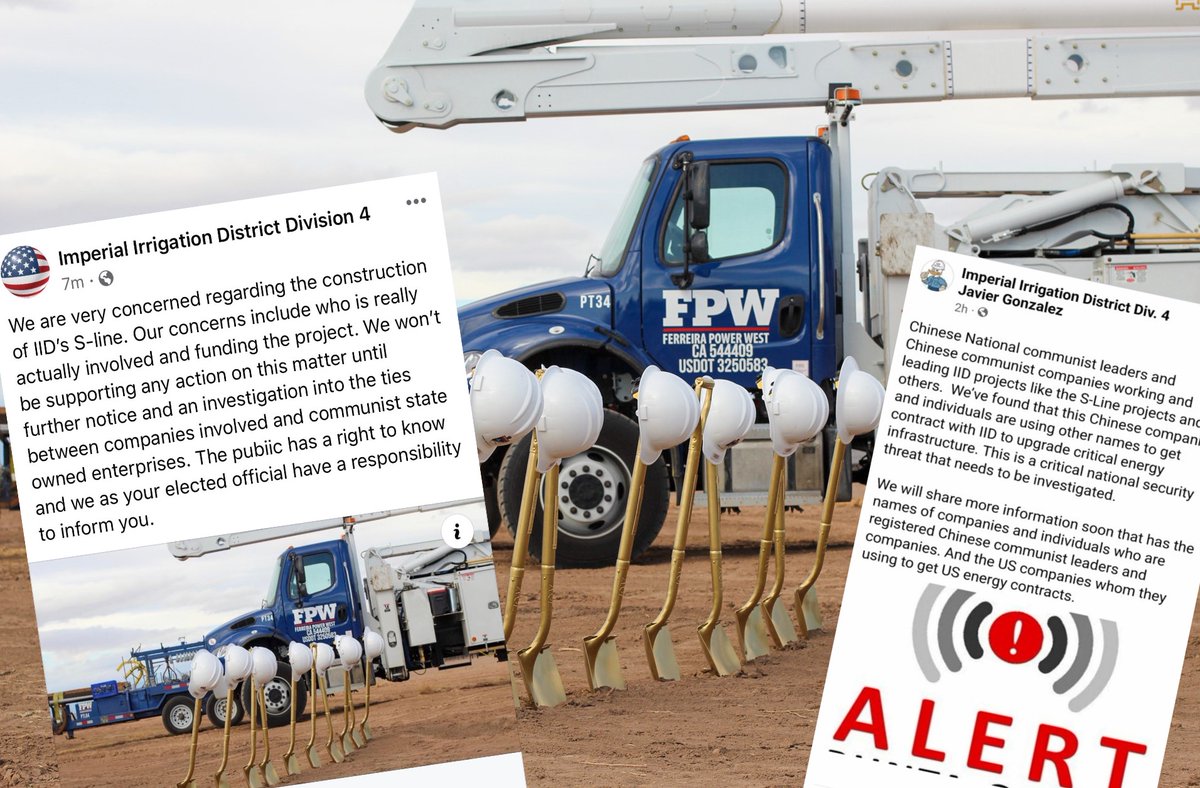 CalexicoChron's tweet photo. A solar development company tapped to upgrade an Imperial Irrigation District energy transmission line has threatened to sue an #IID director of making “racist and inflammatory” statements about the company on social media. #Sunpinsolar #ImperialValley https://t.co/7LVOY87FJb https://t.co/LDseEsAOOp