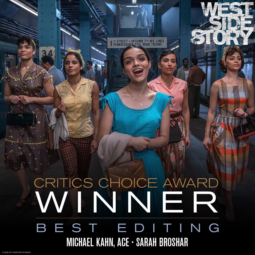 Congratulations to #WestSideStory's Michael Kahn, ACE and Sarah Broshar on their #CriticsChoice win for Best Editing.