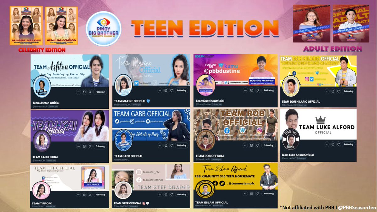 PBBSeasonUpdate's tweet photo. FOLLOW THE OFFICIAL FANDOMS ACCOUNTS:

@teamashtonofc
@TeamKaiOFC
@TeamMaxineOFC
@TeamGabbOFC_
@Team_Dustine
@TeamRobOFC
@DonHilarioOFC
@TeamLukeOFC
@TeamTiffOFC
@TeamStefOFC
@TeamEslamOFC

#PBBKumunitySeason10 https://t.co/JwkpClnUVC