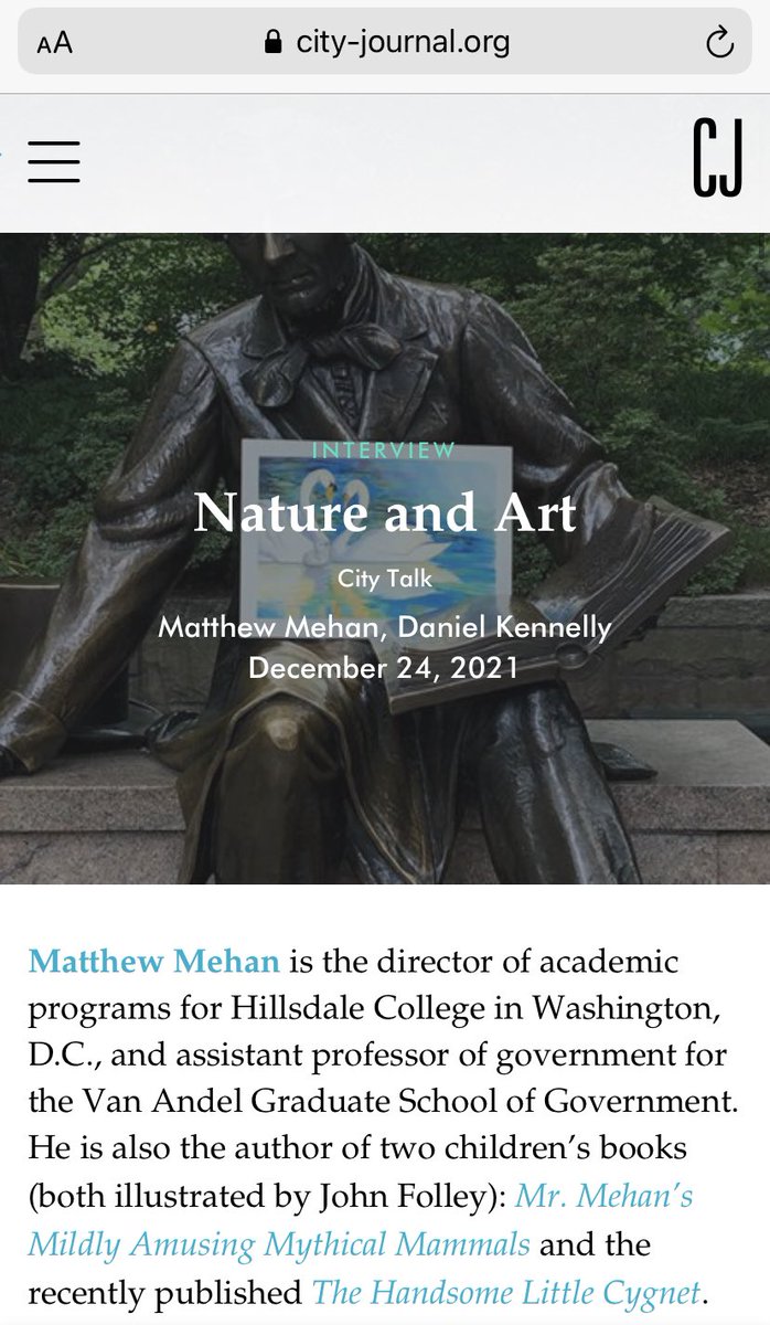 MTMehan's tweet image. A few clips from my interview with @CityJournal about my kids book, The Handsome Little Cygnet, which is beautiful art to help kids in a chaotic war waged on their healthy, natural identity. city-journal.org/matthew-mehan-…