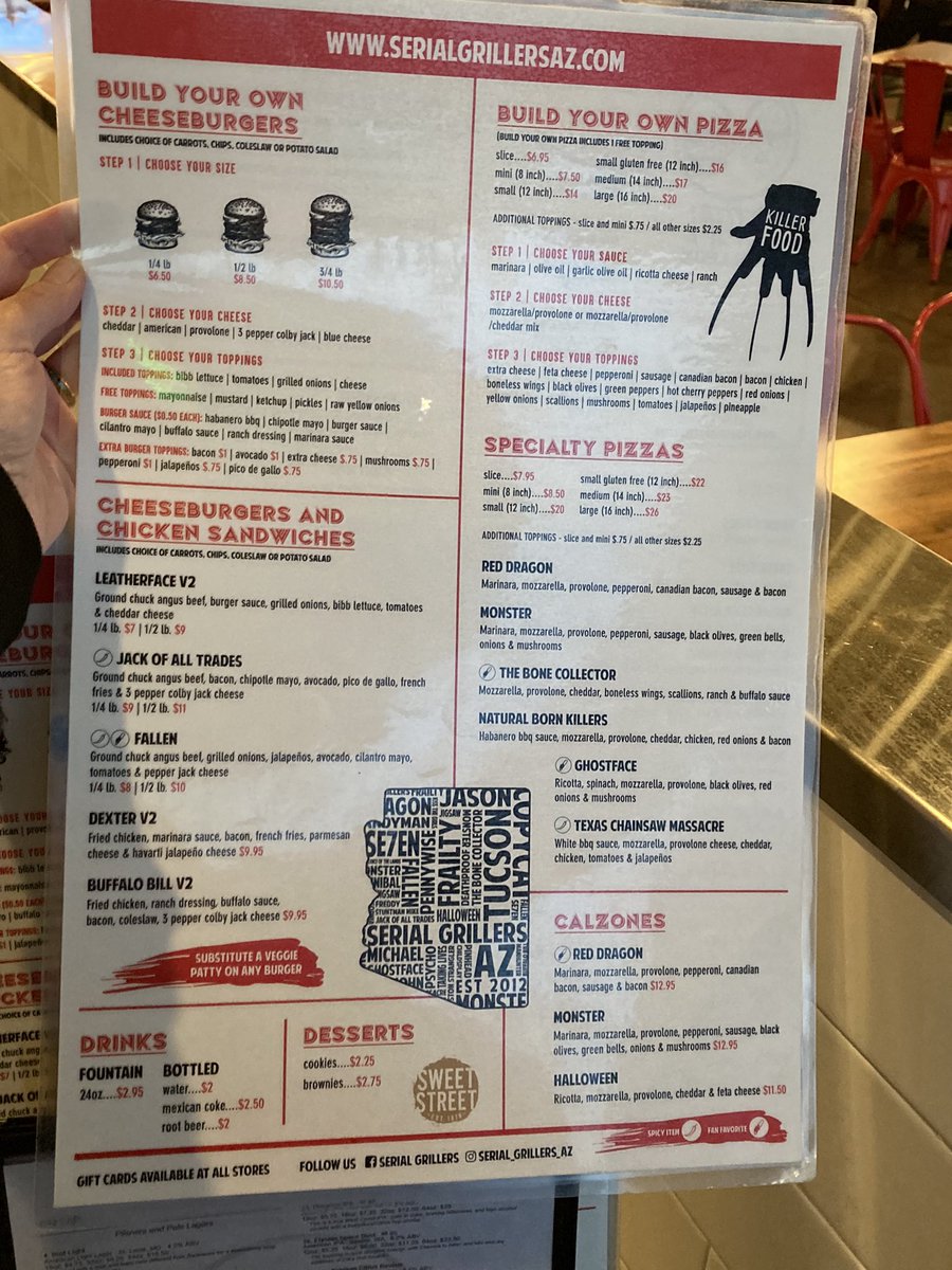 MarcyRockwell's tweet photo. Stopped at Serial Grillers on the way home from #TFOB2022, a serial-killer themed burger/pizza place. Seemed perfect for us #murderinos. Have to be at the hospital first thing in the morning for youngest's surgery. #funnotfun https://t.co/jTdusw7wMq