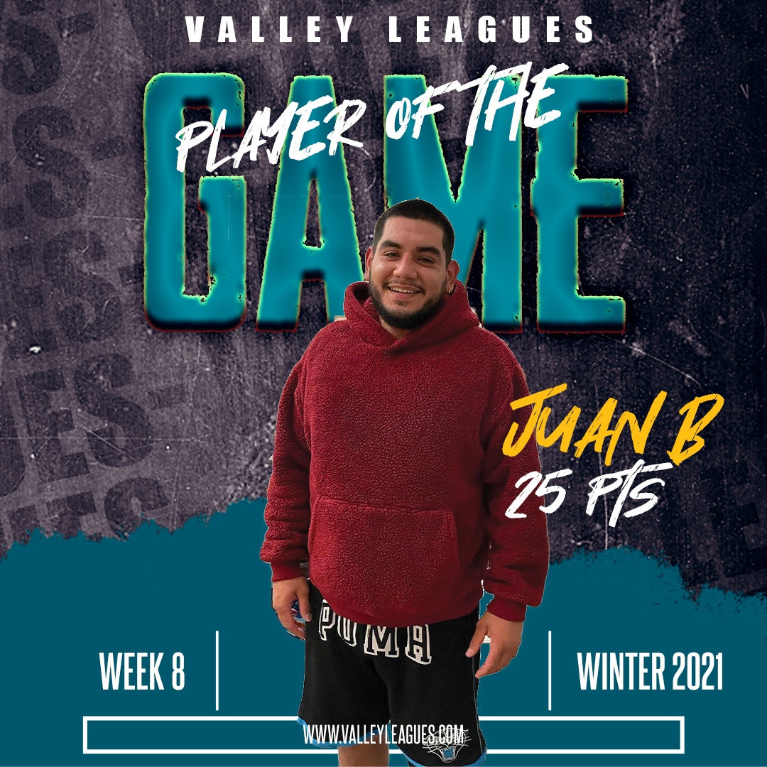 ValleyLeagues's tweet photo. Player -of the- Game

Player: Juan B
Points:  25 Points

*** Division E - Winter 2021 ***

Want to join? visit our webpage for more info https://t.co/09HVima2sq https://t.co/FYOdSdojpR