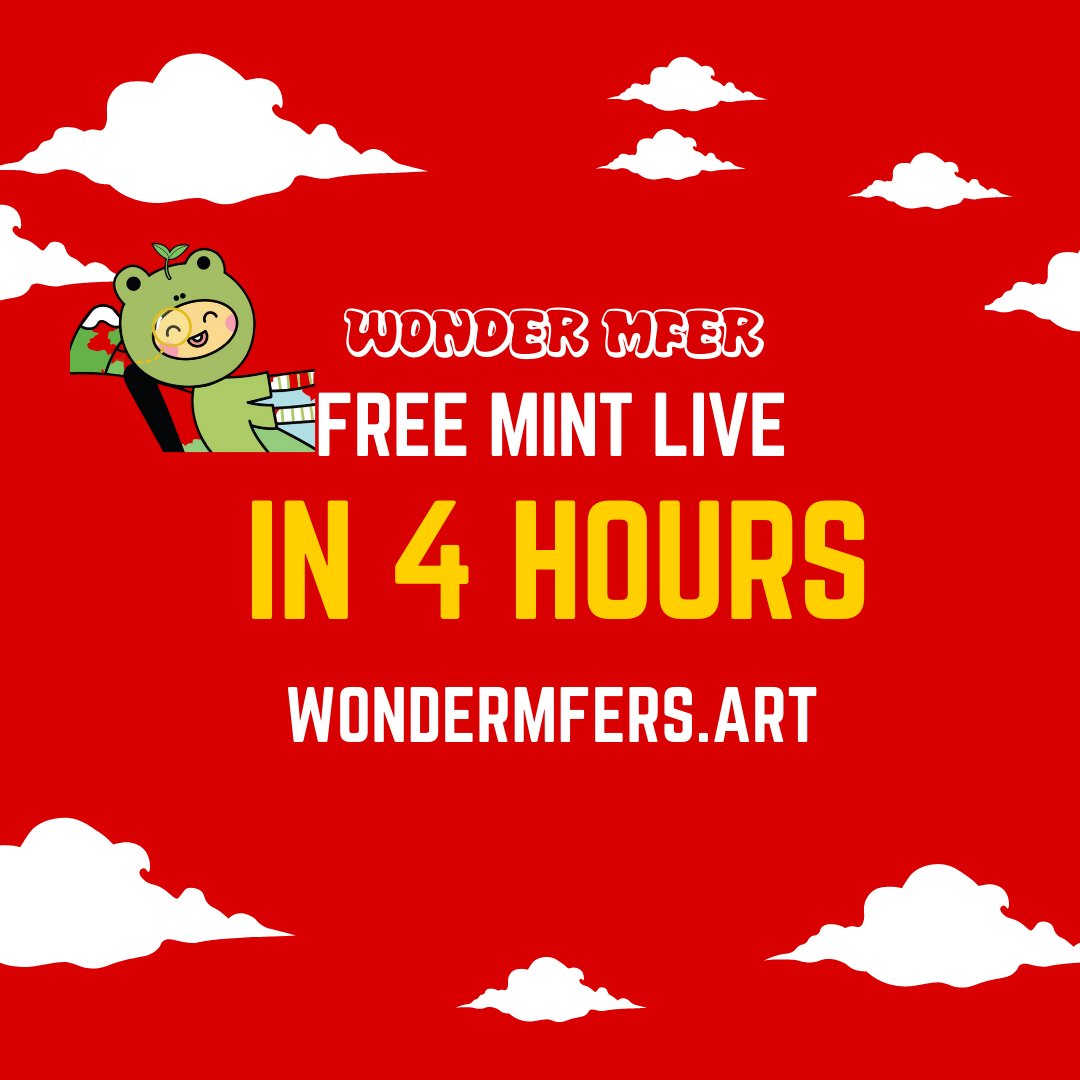 MferWonder's tweet photo. 🎉Happy Monday #WonderMfers community? 
🆘Are you ready for a HUGE event in 4 hours - #FREEMINT 5555 Incredible meme arts - inspired by @WonderPals and @Mfers. 
💥💣What a BULLISH! Don’t miss it - Turn on Notification now. 
https://t.co/VnW7ySAAyE https://t.co/VUhRLzzhAf
