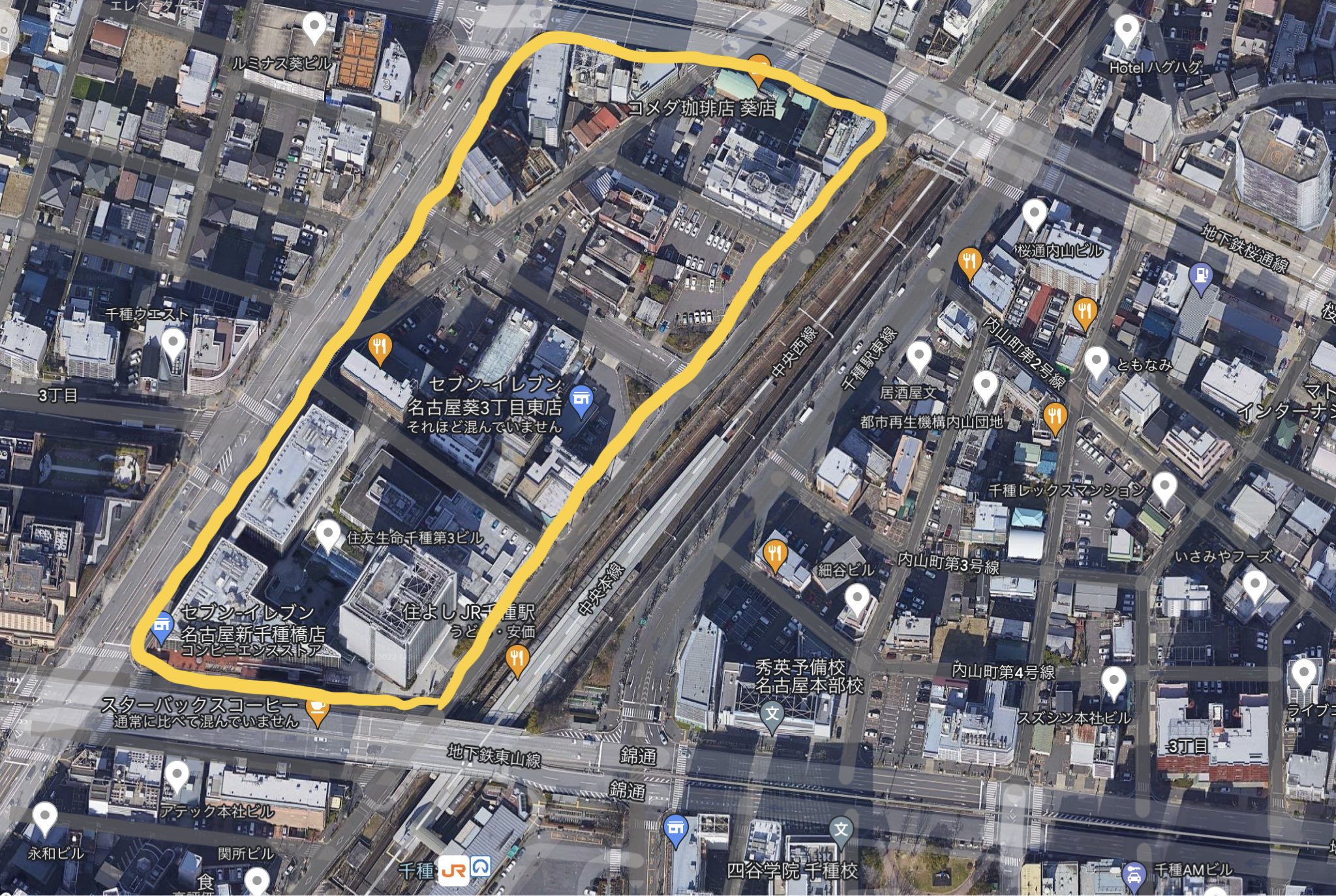 Nagoya Develop 千種駅西側の土地って駐車場や古い建物が多いし 頑張ればスクショに書き込んだ領域全体で一帯再開発ができるんじゃないか T Co Epqlxolnne Twitter