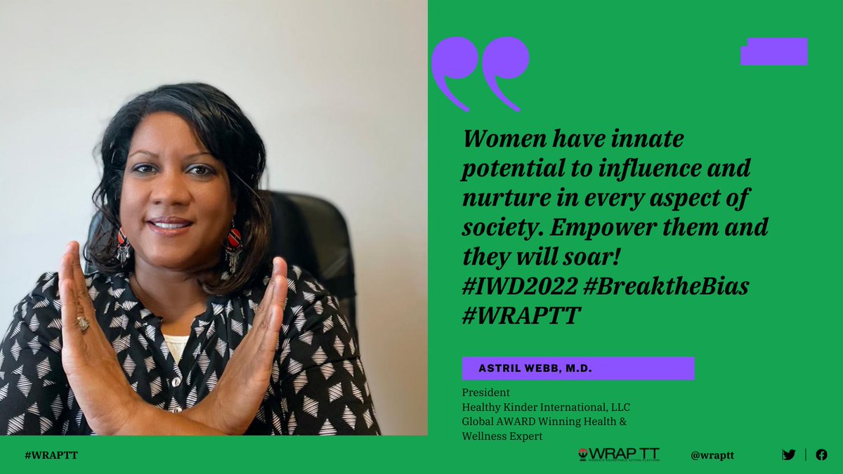 wraptt's tweet photo. WRAP TT continues the BreakTheBias campaign. Meet WRAP TT's Chair Astril Webb, M.D. 
#WRAPTT #BreakTheBias 
@UN https://t.co/L0dgQOUtbl