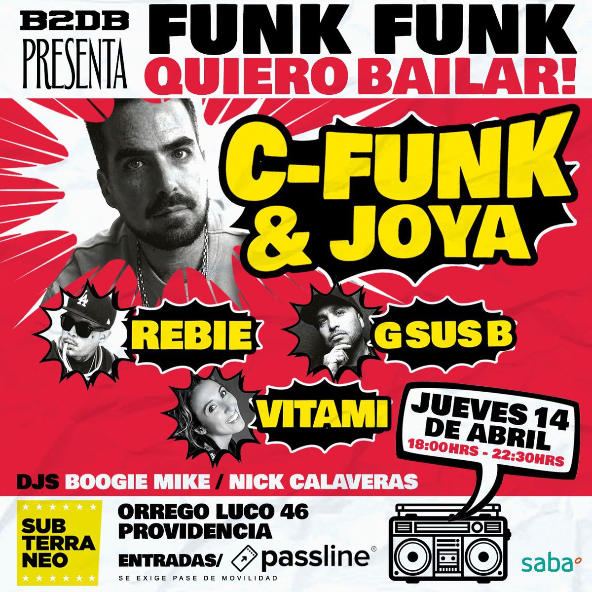 Jueves 14 de Abril #funkfunkquierobailar en <a href="/ClubSubterraneo/">Club Subterraneo</a> con los homies #cfunk <a href="/vitami/">vitami</a> #gsusb #rebie y <a href="/boogie_mike/">Dj Boogie Mike</a> 💥 Tickets en <a href="/PassLineChile/">Passline Chile</a>
