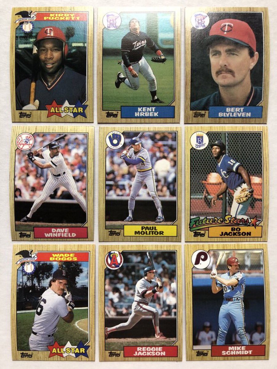 TwinsAlmanac's tweet image. Retweet and Follow for a chance to win these 1987 @Topps Kirby Puckett, @Hrbie14, @BertBlyleven28, @DaveWinfieldHOF, Paul Molitor, @BoJackson, @ChickenMan3010, @MrOctober, and Mike Schmidt cards.