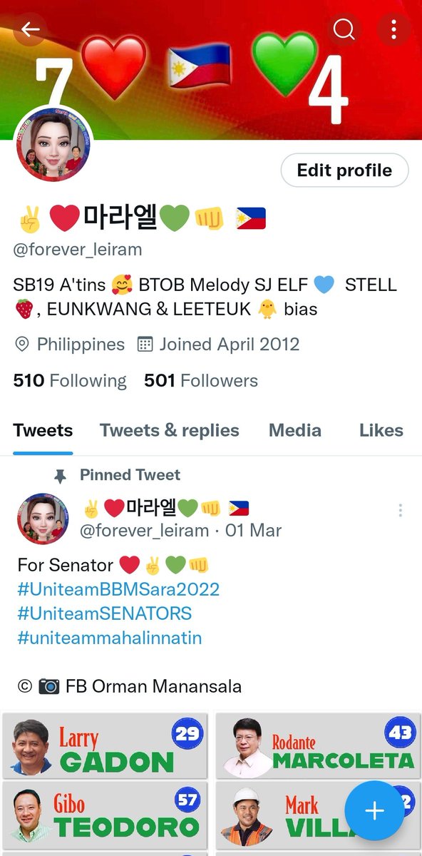 forever_leiram's tweet photo. Happy 501 followers. Thank you mga ka #BBMSARA βοΈβ€οΈππ
#7Marcos
#4Duterte https://t.co/AVtMZy0hvQ