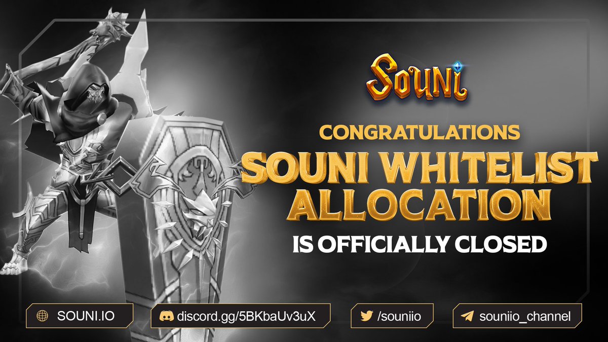 souniio's tweet photo. 📣 ANNOUNCEMENT: SOUNI WHITELIST ALLOCATION IS OFFICIALLY CLOSED! 

After 5 explosive days of taking place, SOUNI is pleased to announce that #SOUNI Whitelist Allocation has officially ended with an admirable number.   

Congratulations and thank you!

#SOUNI #NFT #GameFi #BSC https://t.co/wSlgjfvpdJ