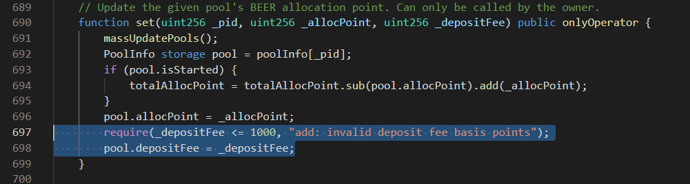 WhatTheFork_xyz's tweet photo. 🚨 Rug Alert: Beer Finance 🚨

@BeerLoverFinanc genesis pools contains hard rug code where they can set the deposit fees to 100% and rug in similar manner to @IFfinance_ and KingCrown Finance.

#tombfork @RugDocIO https://t.co/5e9owmvtZY