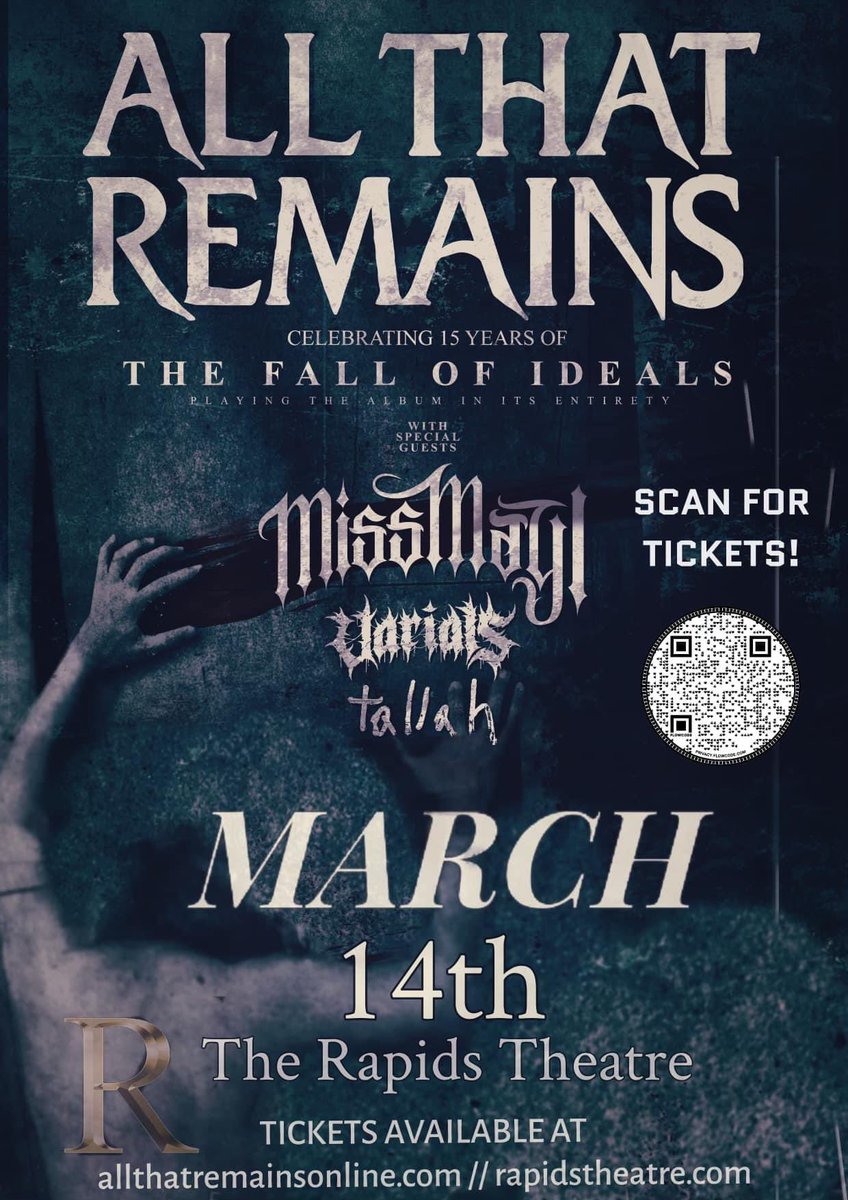 WNYRocks's tweet photo. 📌LOW TICKET WARNIING!

Do you have your tickets for March 14th? 
@ATRhq celebrating 15 years of The Fall Of Ideals. With special guests @missmayiband, @VarialsPA and @tallah__ 

Scan QR Code for tickets or click link below!

https://t.co/Ch0qj79uEU
*
*
#rapidstheater #wnyrocks https://t.co/WwS71ByANb