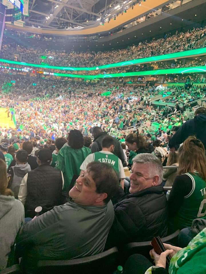 Had a fun boys night with dad, Jon and Stevie!  Celts didn’t pull off a win but still a great day!  Doesn’t dad look great for 81!! Congrats to KG for getting his number retired. #celtics