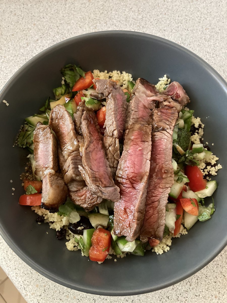 HullKiwi's tweet photo. After really really bad food across the weekend I have gone healthy this week. Beef in a Thai style marinade on couscous with currants&cranberries and a salsa of cucumber, capsicum, #homegrown mint and chili, topped off with sticky balsamic dressing #reset #feelbetteralready https://t.co/We45veHuux