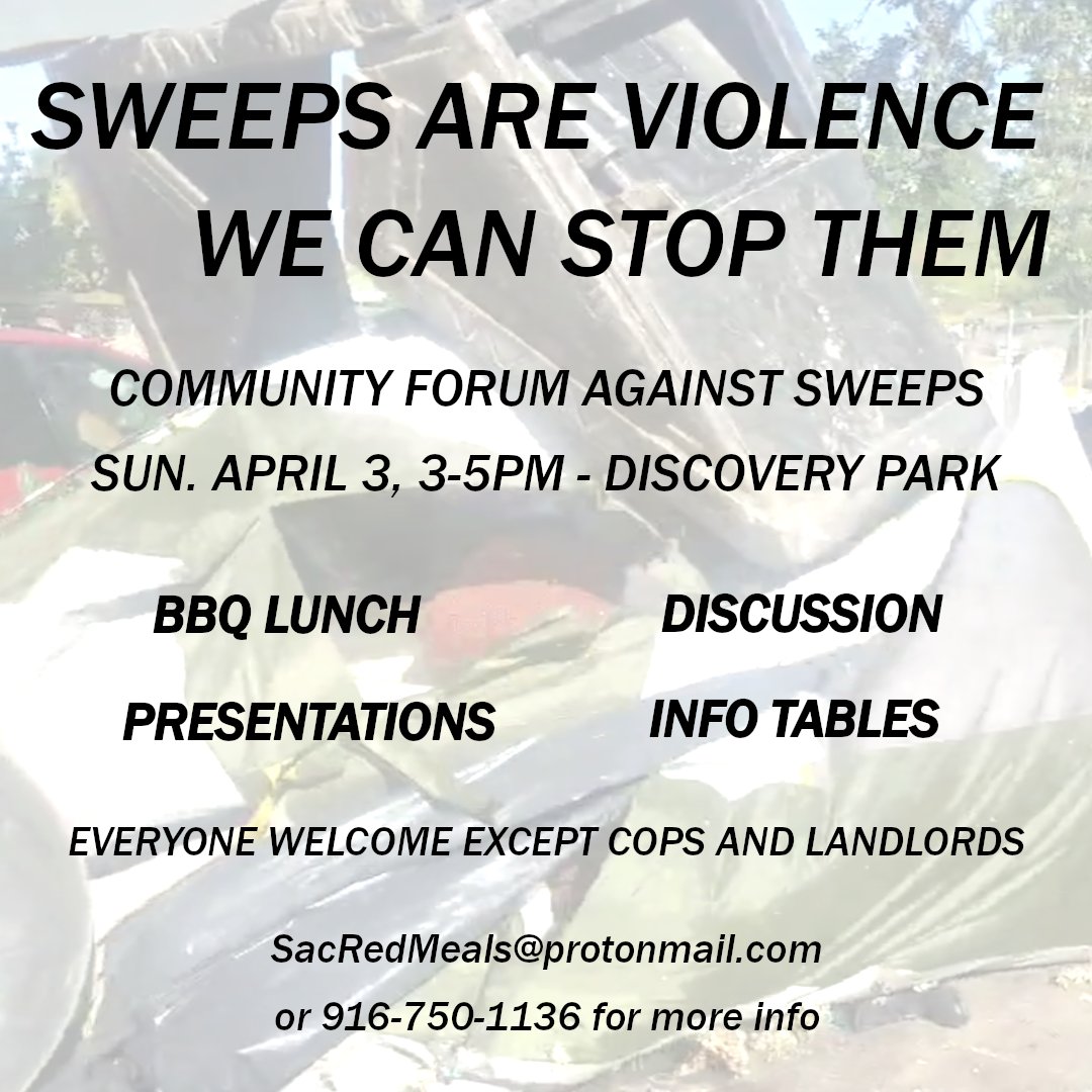 Dan dan mian, soda, tea, water, clothes (🧦 &amp; sani 🙏 <a href="/sacdandelion/">Dandelion Seeds</a>), joints &amp; narcan.

Please join us 4/3 for a community forum against sweeps. Together we can stop our government's campaign of terror against our neighbors. Property is theft! Land is free! Dignity for all!
