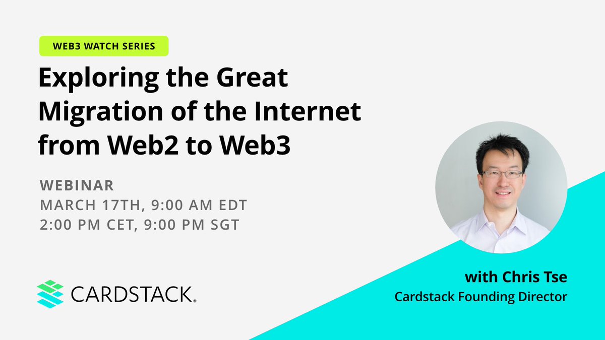 cardstack's tweet photo. Happening on 1β£7β£ March!
9:00 AM EDT | 2:00 PM CET | 9:00 PM SGT
That's only 3β£days away! Have you cleared your calendar?
#web3webinar #WEB3 #crypto #blockchaintechnology #Defi #Dapps
https://t.co/vLYyp4suV9 https://t.co/3oD96tfTMn