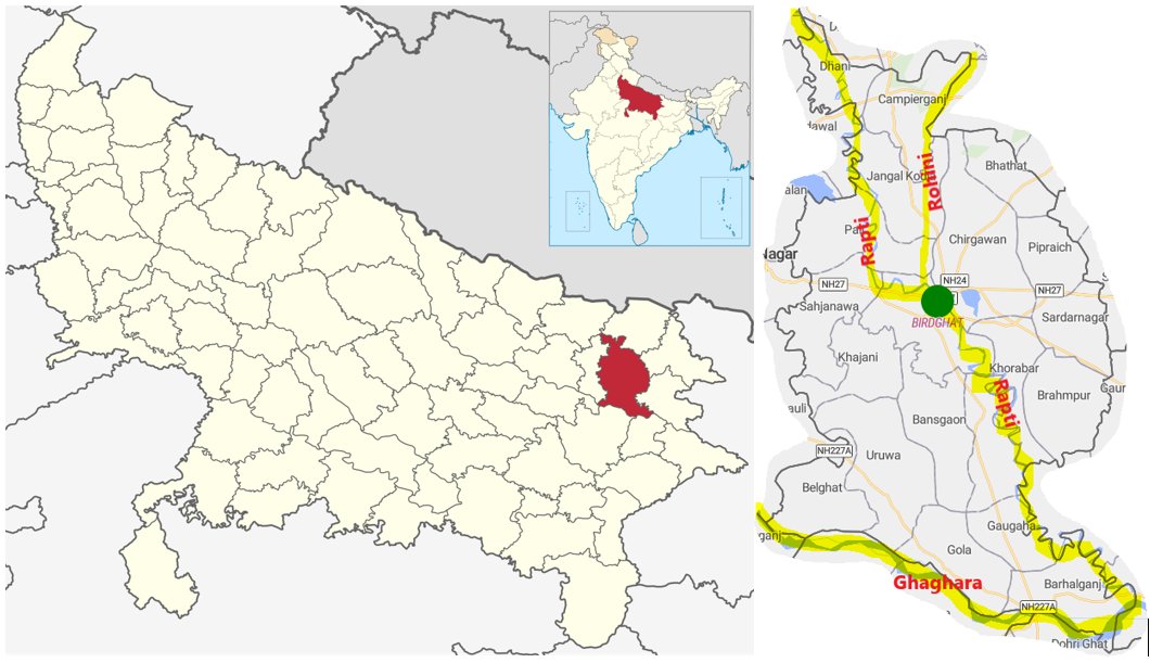 sharadcha1's tweet photo. #Flood prone area in #Gorakhpur dist in #UttarPradesh is mainly along the banks of rivers- 1. #Ghaghara at southern boundary; 2. #Rapti, tributary of #Ghaghara in Central part & 3. #Rohini, tributary of #Rapti in its northern part. @CWCOfficial_FF @CWCOfficial_GoI https://t.co/eb0GMNw4sp