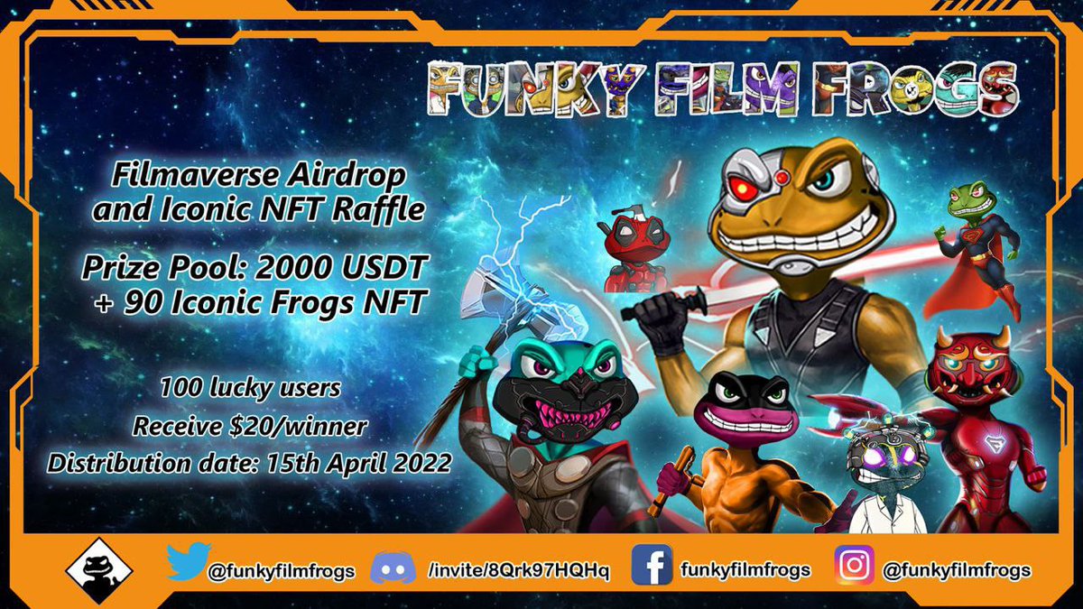 New Airdrop: Filmaverse
Value: 2000 USDT + NFTs
Rewards: $2 USDT each
Referral: Each week Top 9 gets ICONIC NFT
Winners: 1000 Random
Distribution: 15th April, 2022

🔗 Airdrop Bot: t.me/Filmaverse_Air…

#Airdrop #Crypto #Bitcoin #BNB #AirdropAchiever #FilmaVerse
