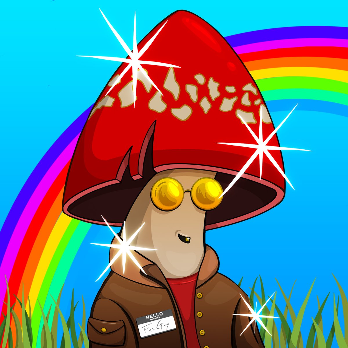 For most of his life Finn was your basic beige mushroom, until one day he came across a pair of radiant golden sunglasses on a distant hill. When Finn put on the glasses WAPOW he sprouted a ravishing red cap and he was the hottest shroom in town✨🍄

#FUNcoloringcontest #art #NFT