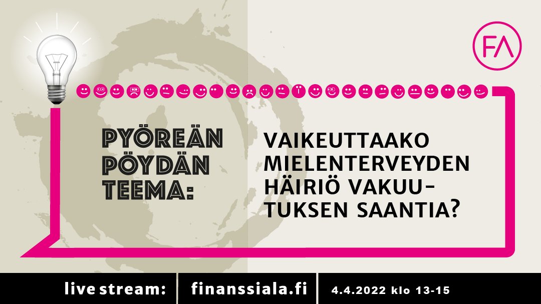 finanssiala's tweet photo. Finanssiala ry:n eri yhteiskunnallisia aiheita käsittelevät Pyöreän pöydän keskustelut jatkuvat ajankohtaisella aiheella: vaikeuttaako mielenterveyden häiriö tai terapiassa käynti vakuutuksen saantia?  https://t.co/f98Qjk0twS https://t.co/nLQ5AkOo1k