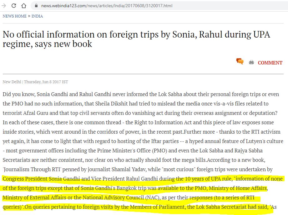 22. According to the RTI report, Government has no record of foreign travels of Sonia Gandhi between 2004 to 2014!