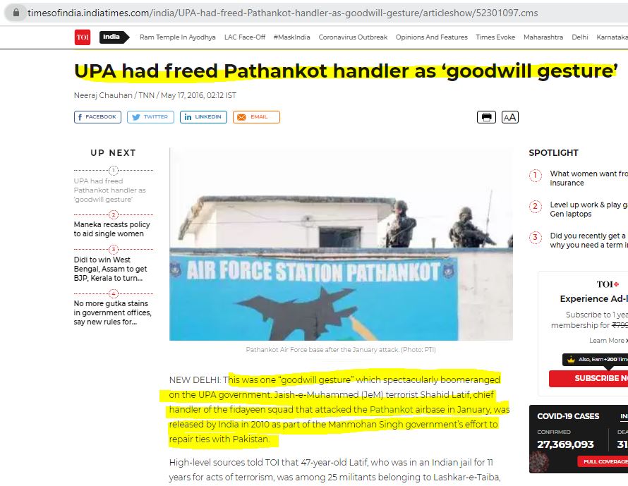 25. On 2 January 2016, there was an attack in Pathankot and you know who the main handler of that attack was? Same ‘Latif’! who was freed by UPA Govt in 2010 as a Goodwill gesture!