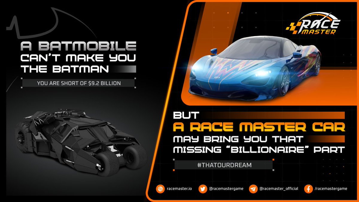 💥 The most important thing is that Bruce Wayne doesn't need to be a billionaire to still be Batman in Meta Race. In Race Master, car is fully equipped to help him kick villains.

🏎️ Do you need a batmobile when you own a valuable NFTs car ?

#Batman #Batmobile #Racemaster #NFT