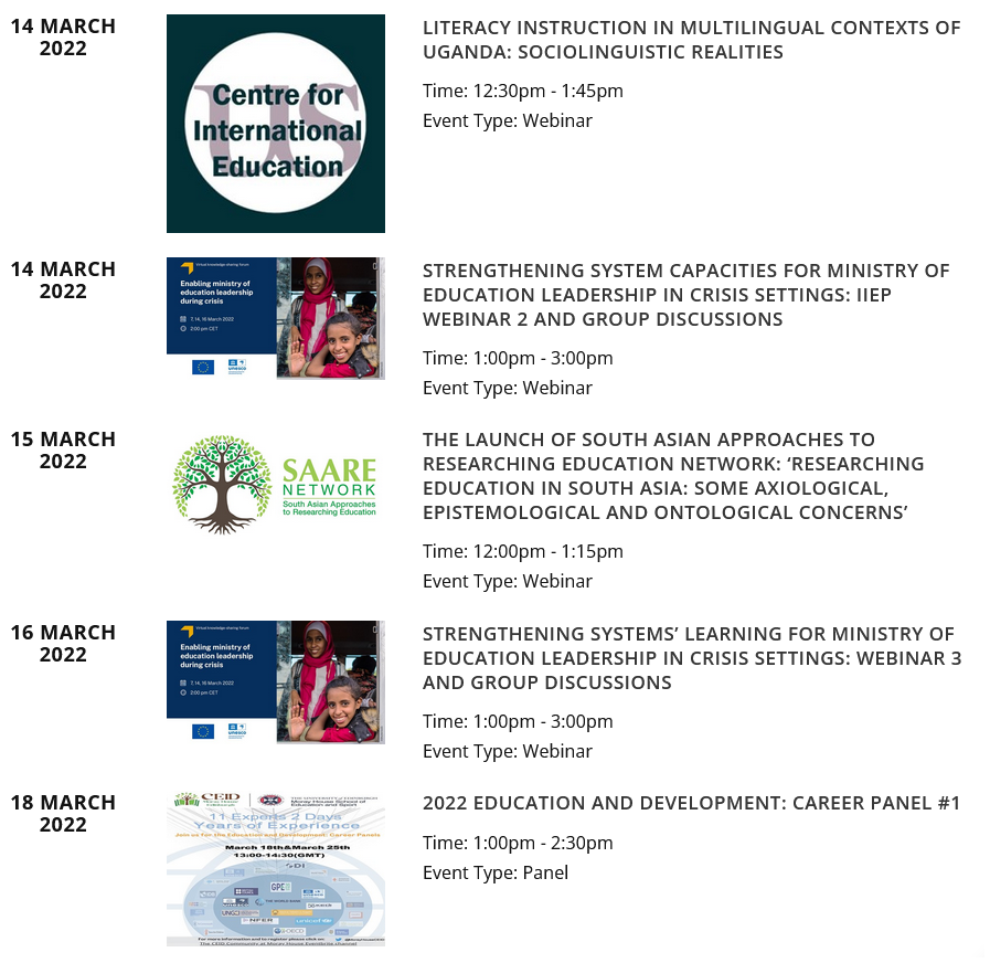UKFIET's tweet photo. Keep checking our Events page!
Another busy week ahead:
*#literacy in #multilingual #Uganda @SussexCIE 
*Ministry of Education #leadership in crises @IIEP_UNESCO 
*South Asia research network @SaareNetwork 
*Education + development careers @MorayHouseCEID 
https://t.co/GjWEbGK3Sr https://t.co/dufnNzPbXs