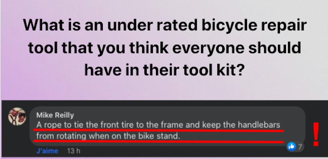 valkus5's tweet photo. #minutematos l'outil le plus utile, mais le moins connu pour réparer votre vélo est..... un bout de corde pour accroché votre roue avant au cadre! https://t.co/n43lBO0Mc1