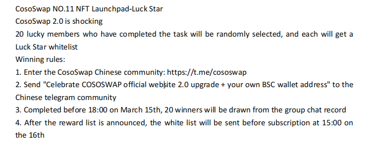 cososwap's tweet photo. 🥳CosoSwap NO.11 NFT Launchpad-Luck Star

🔥CosoSwap 2.0 is shocking

✨20 lucky members who have completed the task will be randomly selected, and each will get a Luck Star whitelist

🙃Check the pic 

Join:https://t.co/xSVQrWTO2n

#IDO #IGO #cososwap #Whitelist  #luckstar https://t.co/micPnLhSQJ