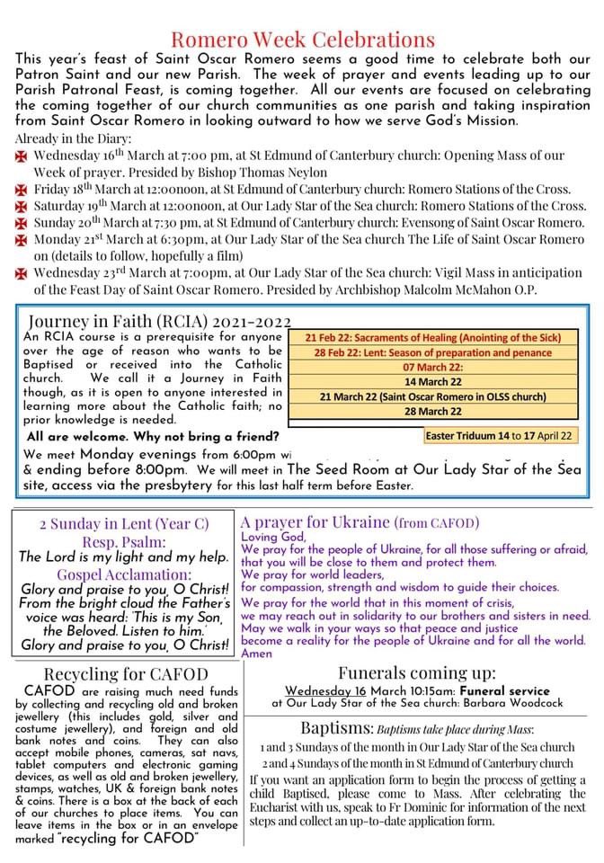 SeftonSouthDean's tweet photo. Newsletter for the Saint Oscar Romero Parish, Waterloo and Seaforth. https://t.co/BTmQhV17Qn
