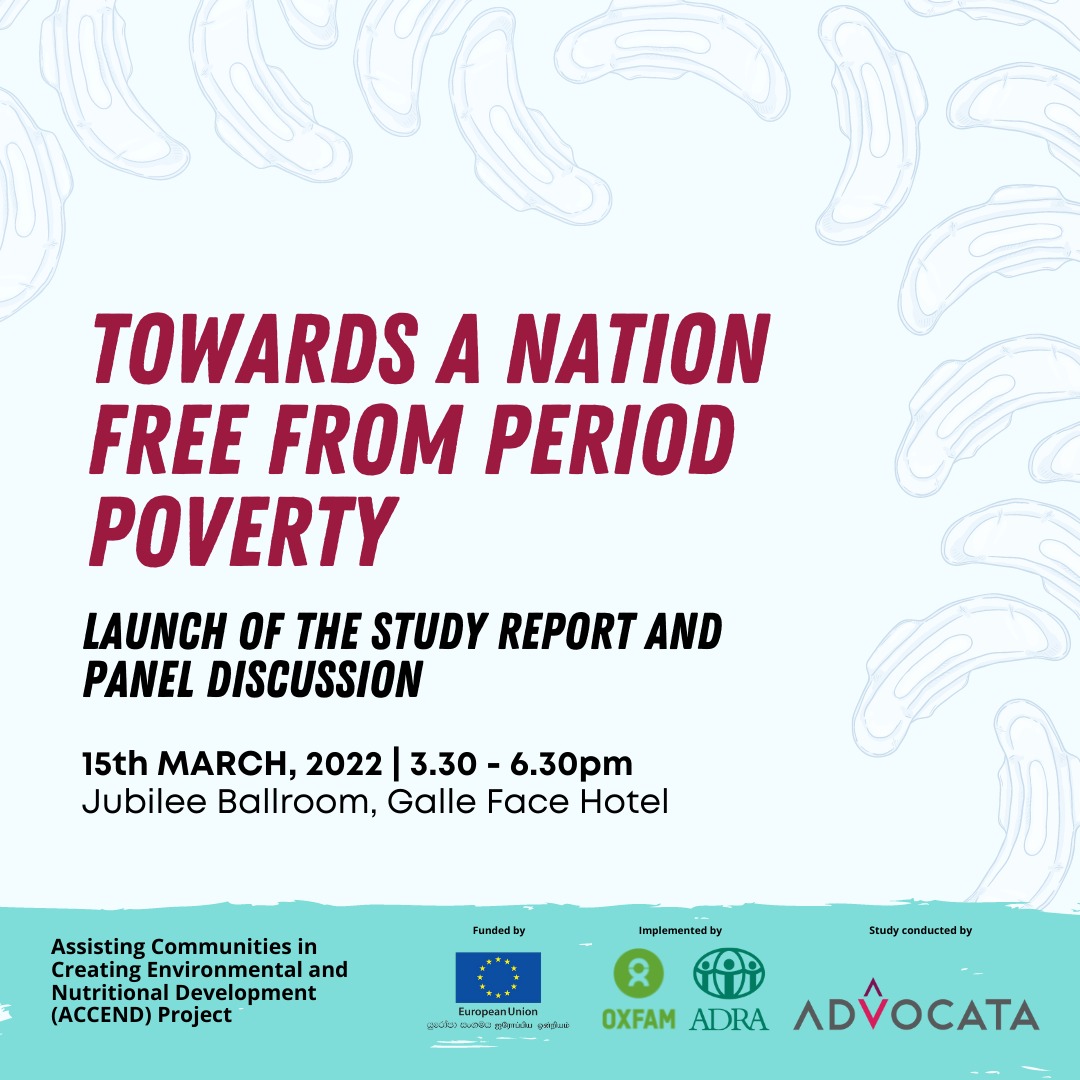 adra_lk's tweet image. The "Taxing Menstrual Hygiene products in Sri Lanka: a policy analysis" study, produced by the ACCEND Project and @advocatalk will be launched on March 15th. 

Join us: bit.ly/3taumou

Implemented jointly by @adra_lk + @oxfamsrilanka, funded by the @EU_in_Sri_Lanka