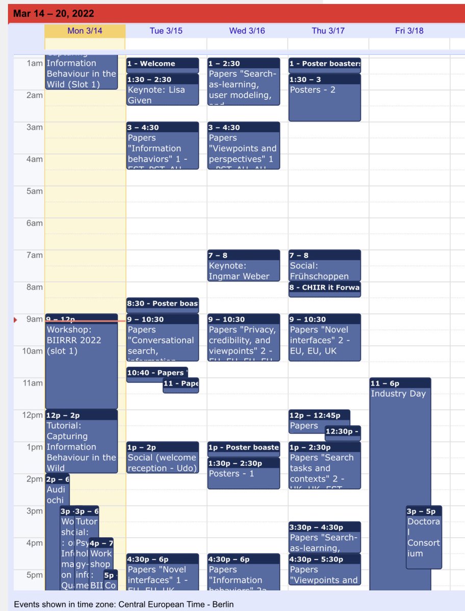ACM_CHIIR's tweet image. So how do I read the timetable, you ask? Just know that each paper will be presented twice for different timezones. So you’ll see each session has occurance 1 and 2 (sometimes split a/b). This means you can hopefully see each paper you want somewhere in your time zone #chiir2022
