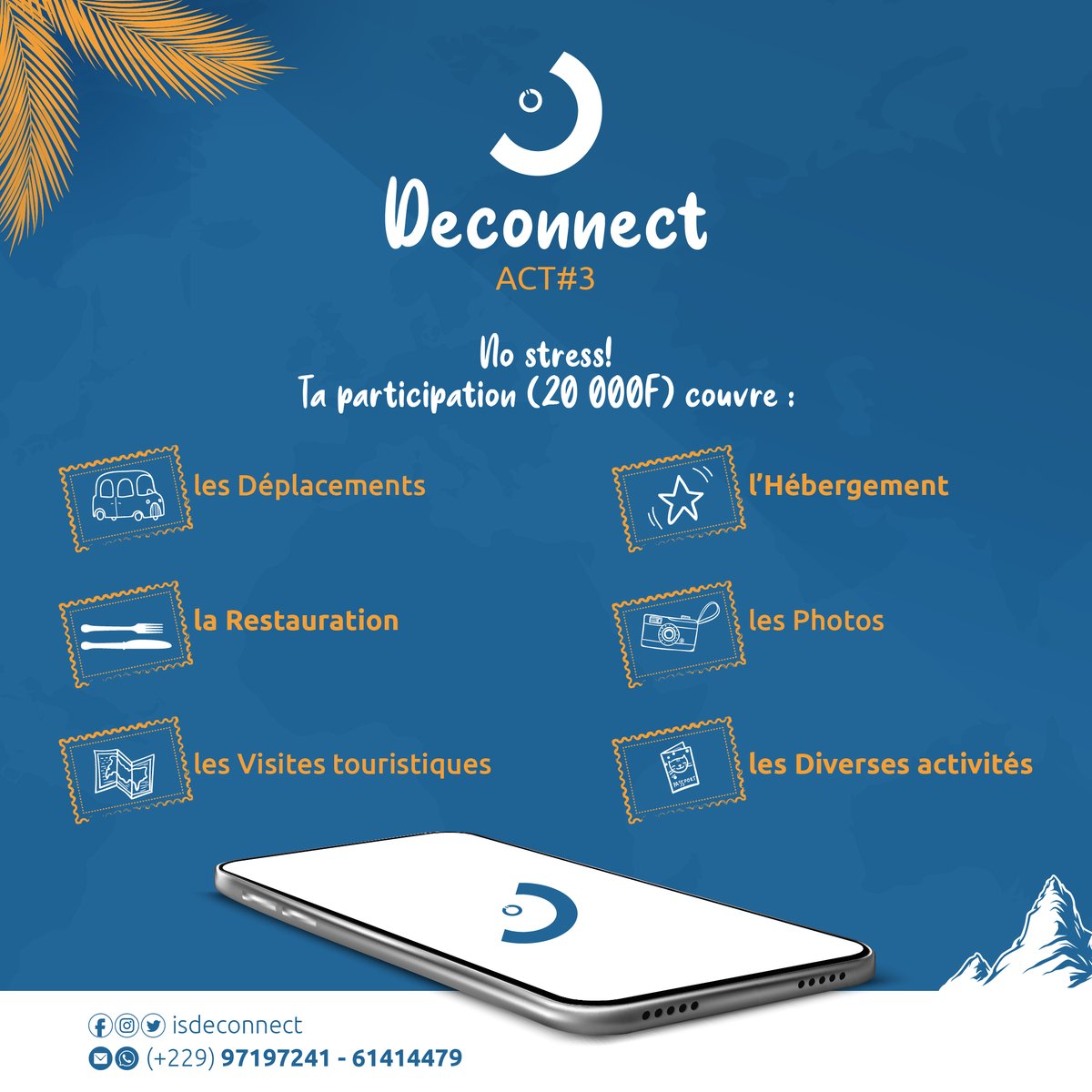 isdeconnect's tweet photo. Yo’ la mif👋
J'espère que votre semaine commence très bien.
Le pass pour #Deconnect Act 3 inclut :
👉la restauration
👉l’hébergement
👉le déplacement
👉la visite des sites retenus
👉la participation à toutes les activités
👉et bcp d'autres surprises
#Wasexo #Team229 https://t.co/nksLrHh49C