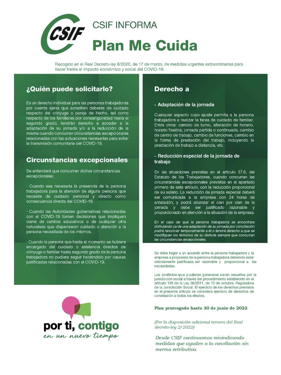 #CSIF informa: Prorrogado el Plan Me Cuida, hasta el 30 de junio. Insistimos en la necesidad de implementar medidas de conciliación sin pérdida retributiva.#TrabajandoPorLaIgualdad
csif.es/contenido/naci…
